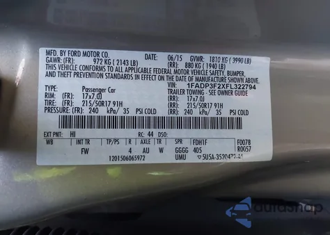 2015 Ford Focus Se из США, поврежденный, VIN 1FADP3F2XFL322794